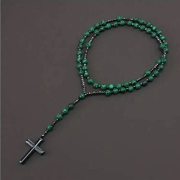 Green Malachite Hematite Round Beaded Cross Pendant Rosary Necklace New - Picture 7 of 7